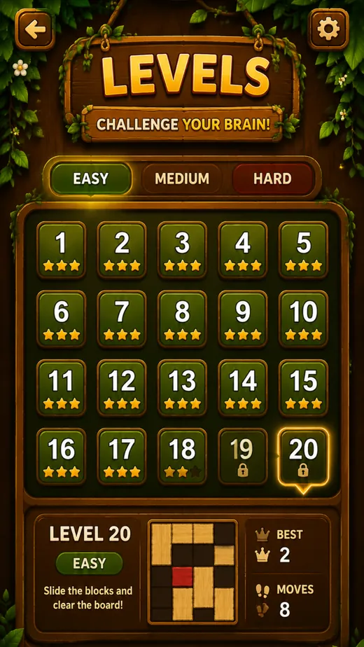 BlockEscapeX level selection screen with easy medium hard tabs